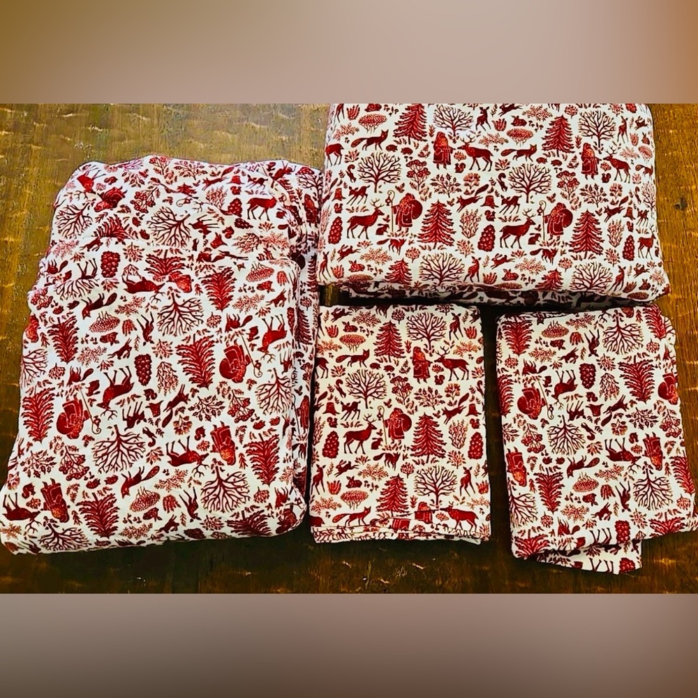 Christmas Flannel Q/F Sheet Set Toile Red Bedding 100% cotton Print 4 Pc